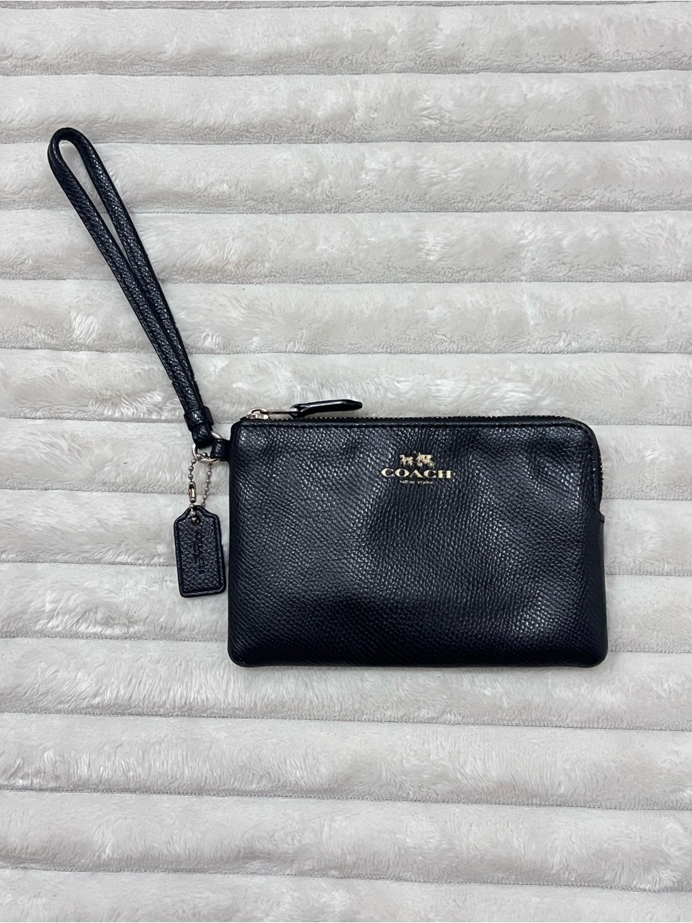 Coach Black Pebbled Leather Wristlet with Gold Logo